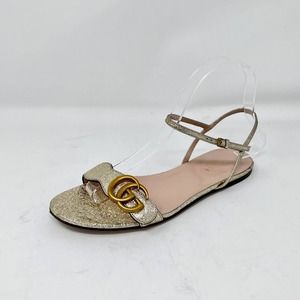 Gucci Marmont GG Logo Flat Gold Ankle Strap Sandal